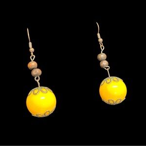 Vintage 1970s Yellow Plastic Bead Filigree Cap French Hook Dangle Earrings